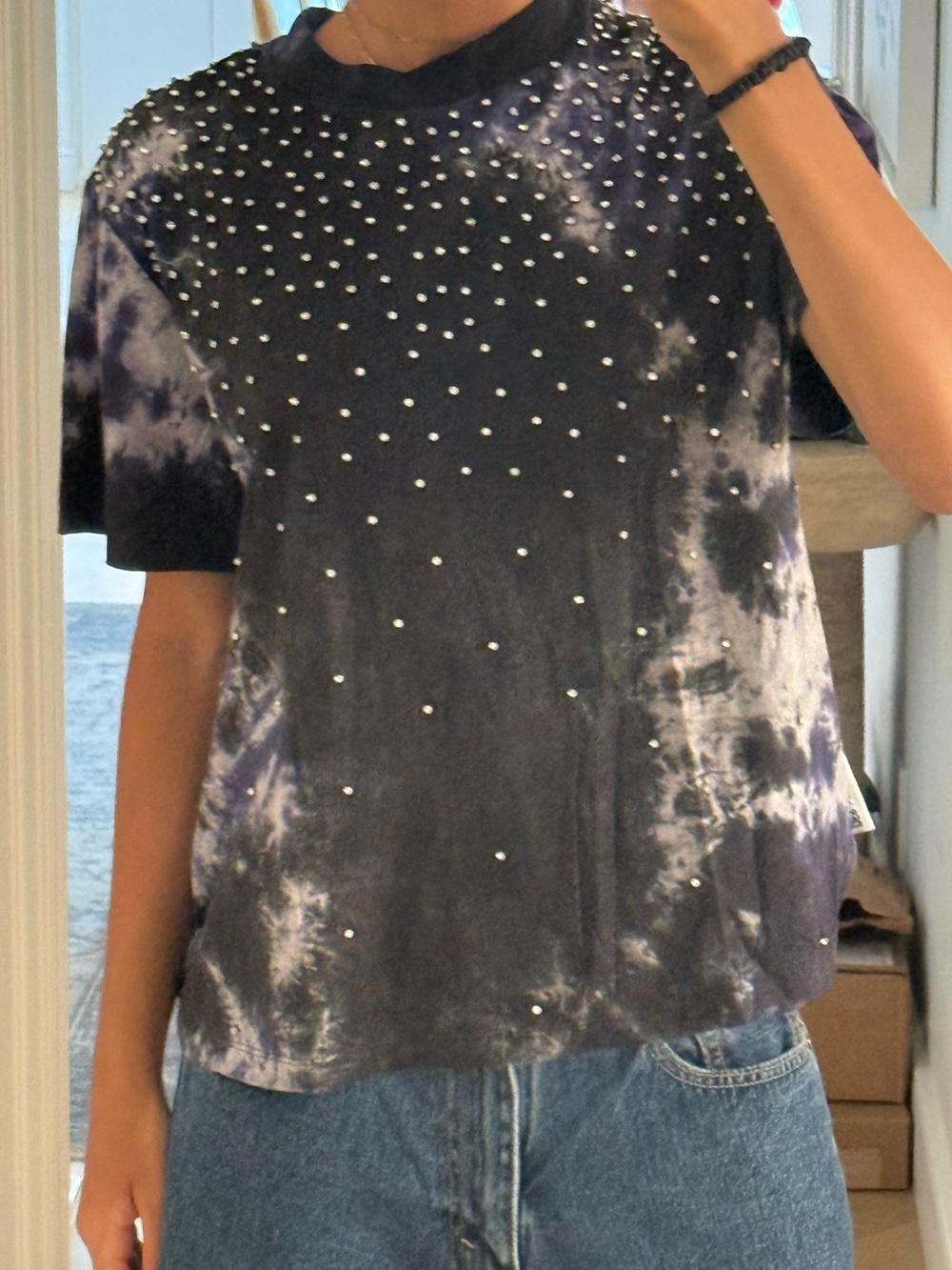 Embellished Tie-Dye Short Sleeve Tee - Black